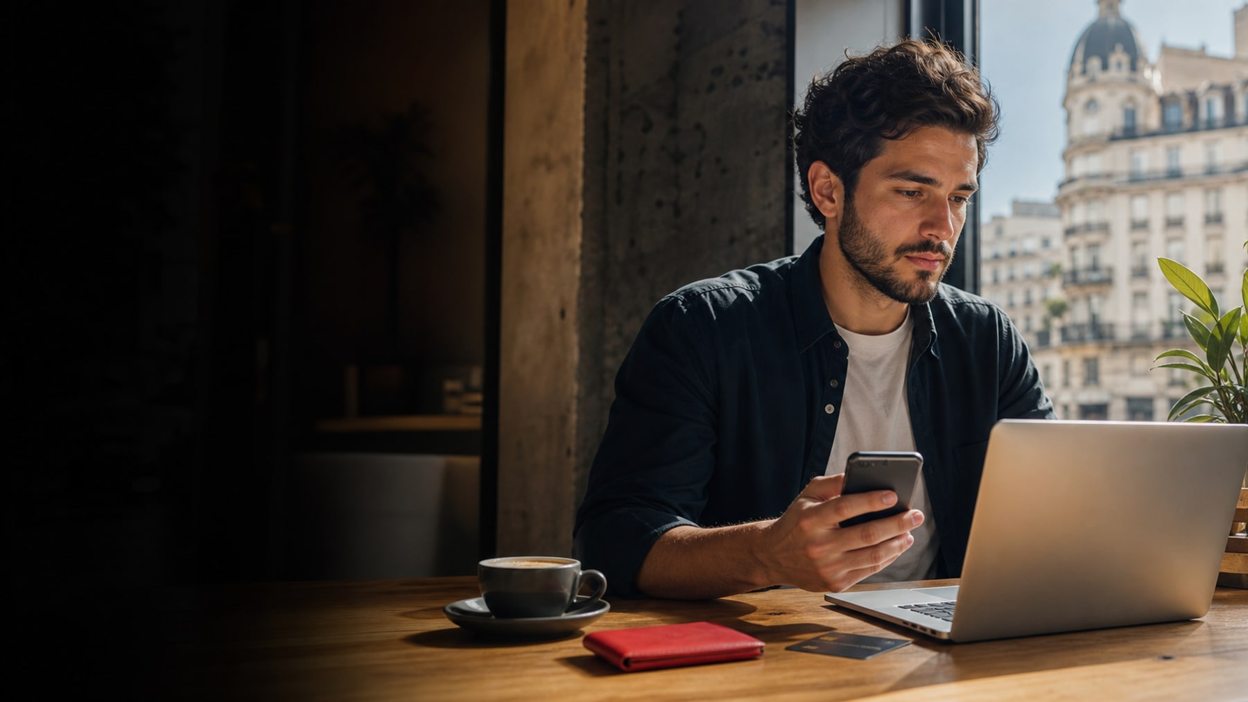 Freelancer argentino en cafetería de Buenos Aires revisando pagos desde el celular